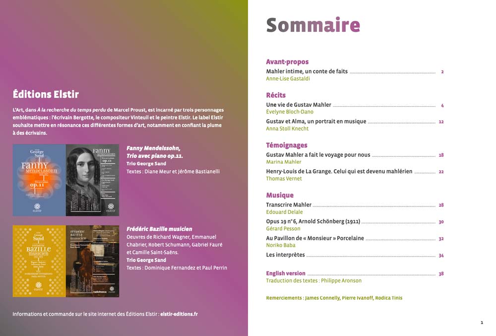 Mahler intime. Editions Elstir, avec le Trio George Sand, Jennifer Tani et Violaine Despeyroux